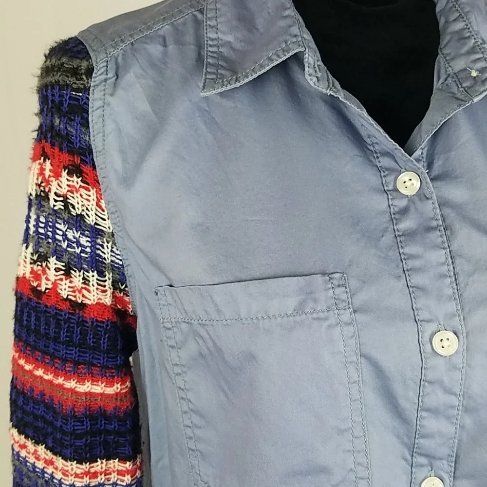 We The Free People women M denim button down sweater knit sleeves grungecore top